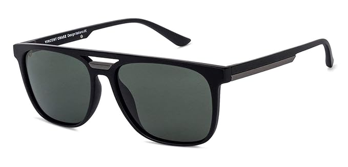 VINCENT CHASE EYEWEAR VC S12644 By Lenskart | Full Rim Wayfarer | Polarized and 100% UV Protected Sunglasses | Men & Women | Large | (Color:-Black/Lens Green)-Pack of 1