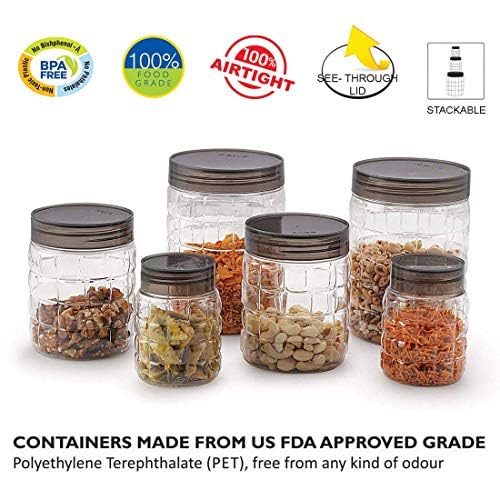 CELLO Checkers Pet Plastic Airtight Canister Set | Food grade and BPA free canisters | Air tight seal & Stackable Transparent | 300ml x 6, 650ml x 6, 1200 x 6, Set of 18