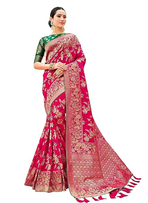 Monjolika Fashion Women's Banarasi Silk Blend Woven Zari With Tussles Saree and Jacquard Woven Blouse Piece (37765 color)